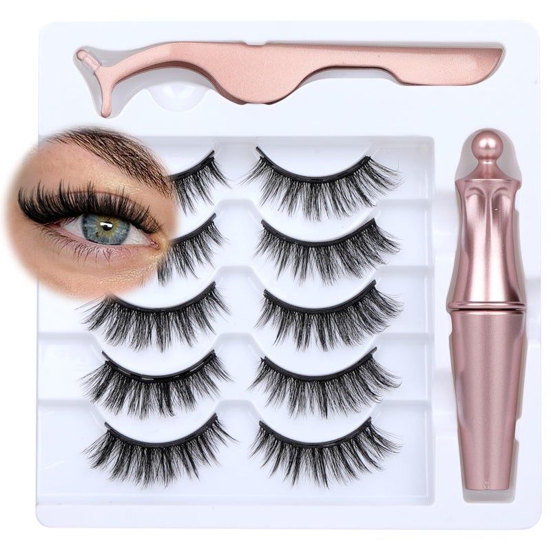 Newcally Magnetic Eyelashes with Eyeliner Kit Reusable Wispy Lashes Natural Look Magnetic Lashes Kit C-curly No Glue Needed 5 Pairs False Lashes with Magnetic Eyeliner & Tweezers - Image 1