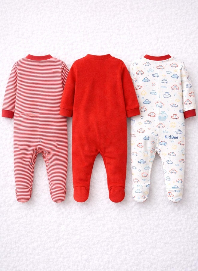 Kidbee Baby Boys & Girls Full Sleeves Cotton Footed Romper Sleepsuit Pack of 3 (Red, 0-3 Months) - Image 5