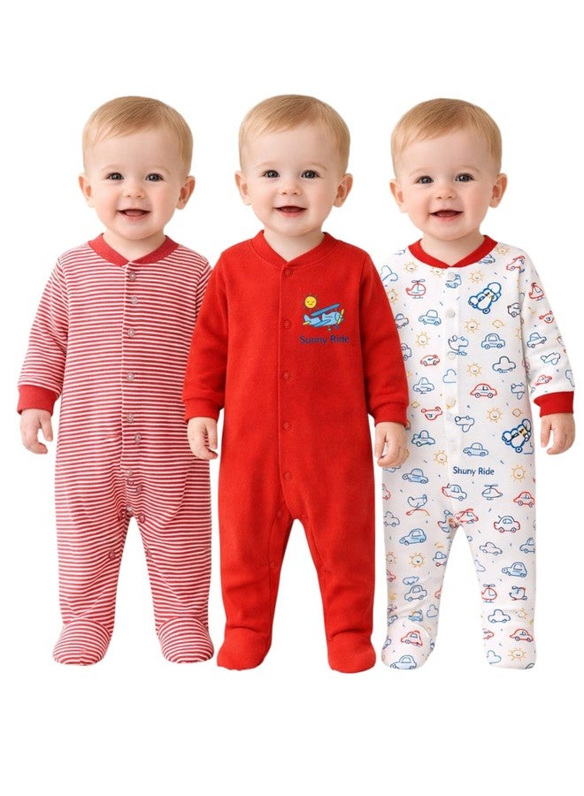 Kidbee Baby Boys & Girls Full Sleeves Cotton Footed Romper Sleepsuit Pack of 3 (Red, 0-3 Months) - Image 1