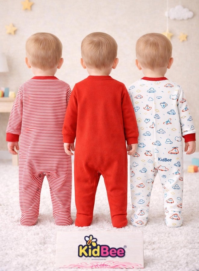 Kidbee Baby Boys & Girls Full Sleeves Cotton Footed Romper Sleepsuit Pack of 3 (Red, 0-3 Months) - Image 3
