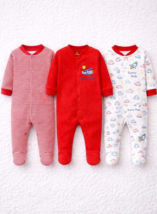 Kidbee Baby Boys & Girls Full Sleeves Cotton Footed Romper Sleepsuit Pack of 3 (Red, 0-3 Months) - Image 4