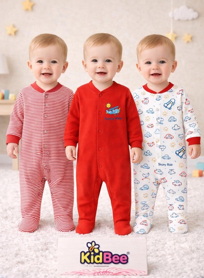 Kidbee Baby Boys & Girls Full Sleeves Cotton Footed Romper Sleepsuit Pack of 3 (Red, 0-3 Months) - Image 2
