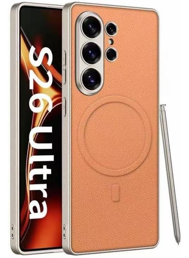 GKK Case for Samsung Galaxy S26 Ultra Magnetic Back Cover Compatible with MagSafe full Camera Protection Luxury Cover، Leather Orange - Image 1