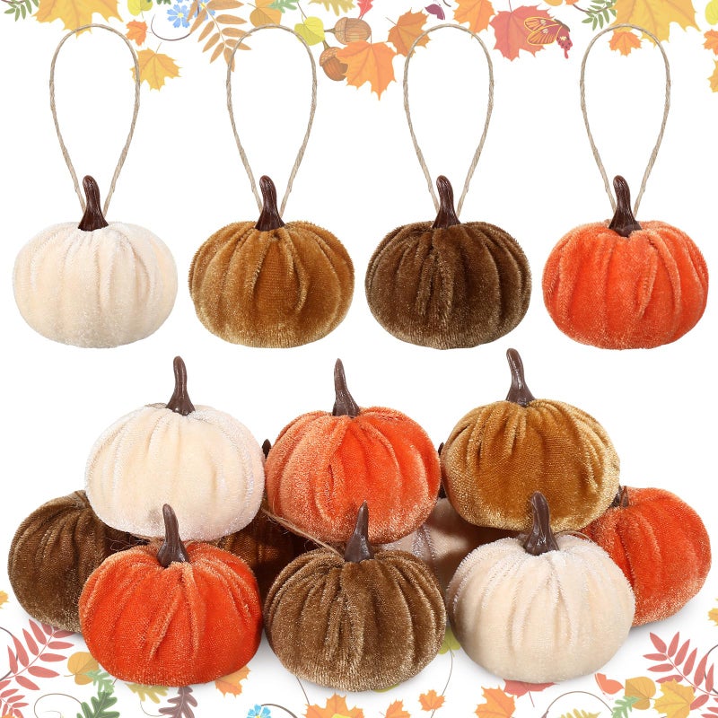 Vercraft 12 Pcs Fall Pumpkin Hanging Ornament 2 Inches Velvet Pumpkins Thanksgiving Tree Decorations Fabric Small Tree Fall Decorations for Farmhouse Harvest Autumn Home Party DecorClassic Colors
