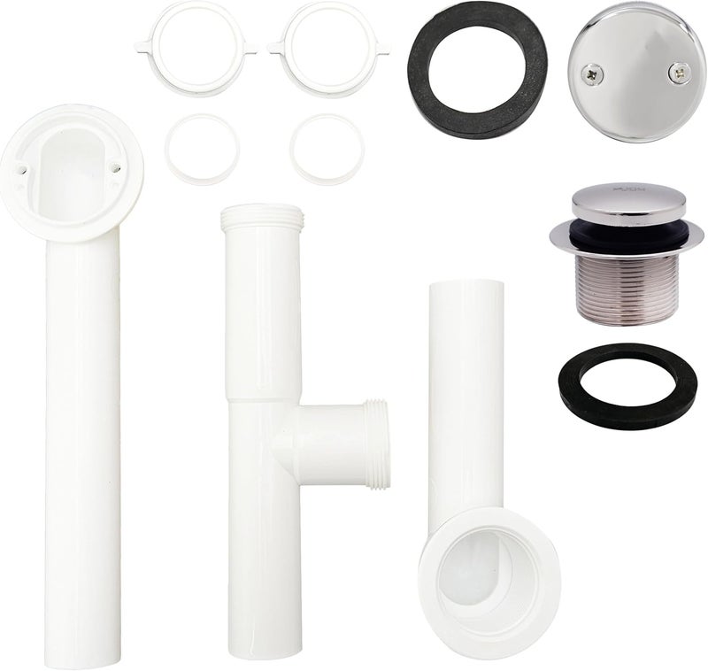 Westbrass A593244CP 14" x 1-1/2" White Tubular Bathtub Waste & Overflow Assembly with Tip-Toe Drain Plug and 2-Hole Faceplate, Polished Chrome - Image 1