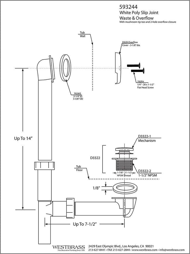 Westbrass A593244CP 14" x 1-1/2" White Tubular Bathtub Waste & Overflow Assembly with Tip-Toe Drain Plug and 2-Hole Faceplate, Polished Chrome - Image 4