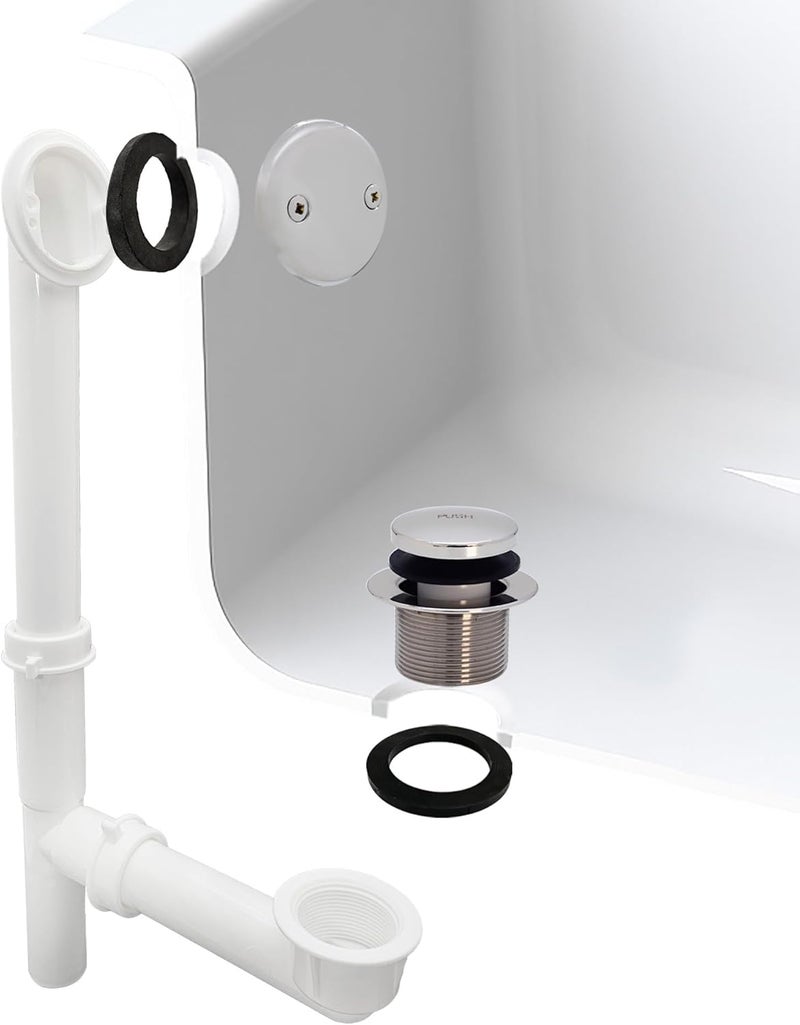 Westbrass A593244CP 14" x 1-1/2" White Tubular Bathtub Waste & Overflow Assembly with Tip-Toe Drain Plug and 2-Hole Faceplate, Polished Chrome - Image 2