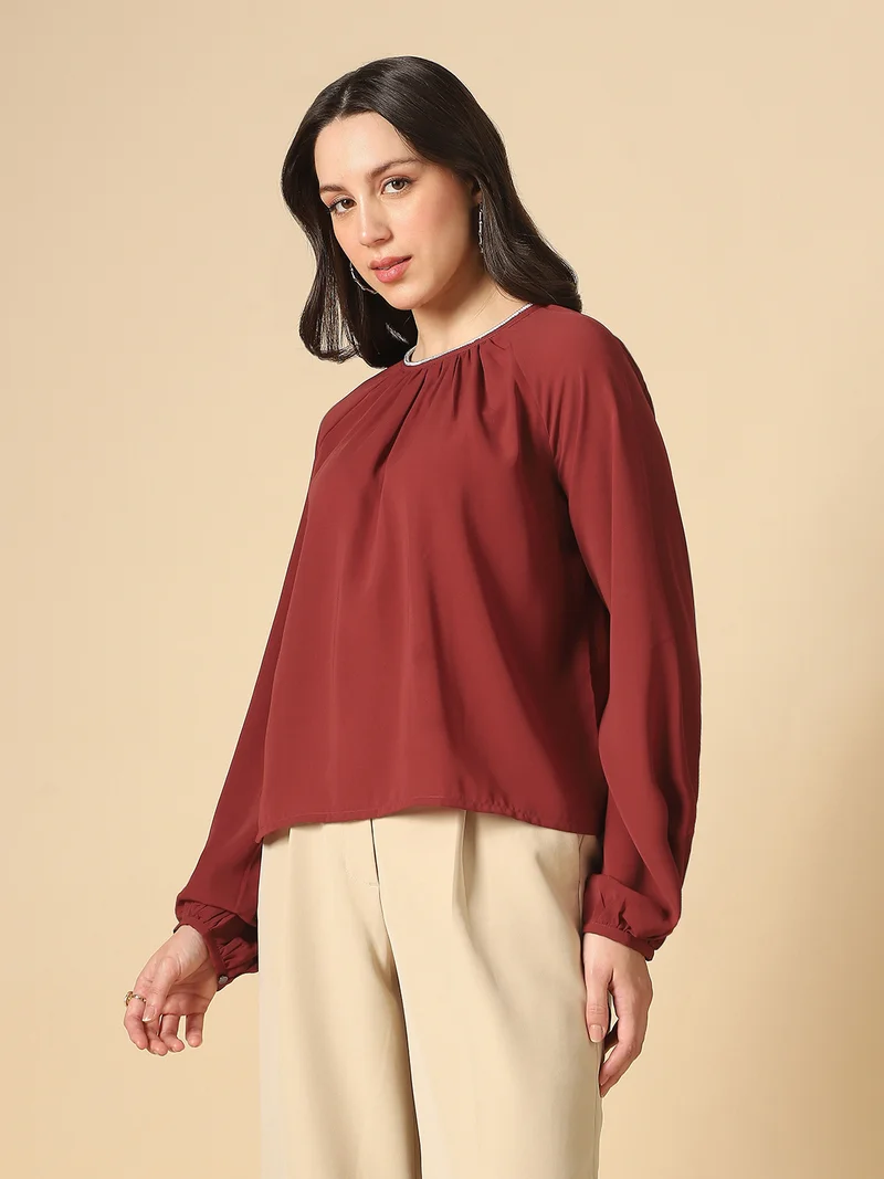 globus Globus Women Pink Embellished Jewel Neck Raglan Sleeves Pleated Georgette Party Top