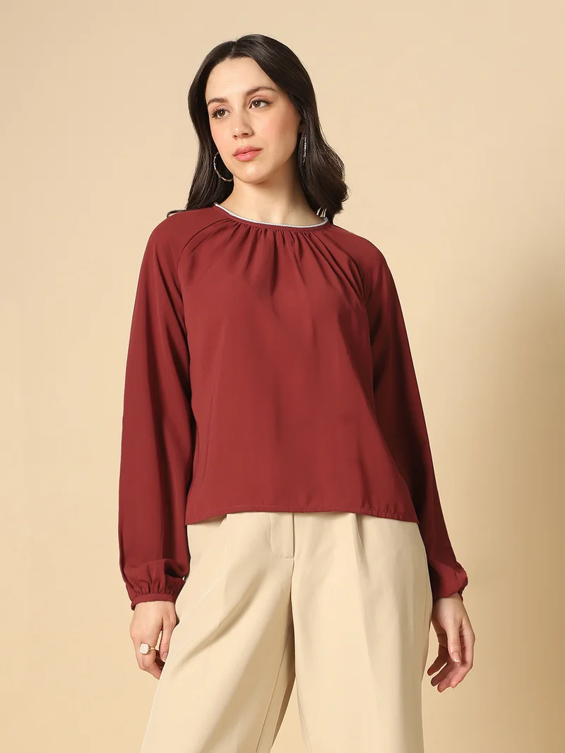 globus Globus Women Pink Embellished Jewel Neck Raglan Sleeves Pleated Georgette Party Top