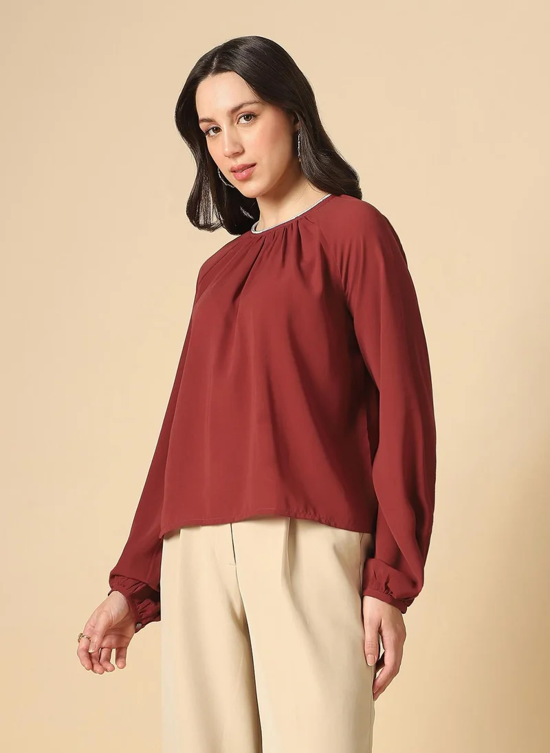 globus Globus Women Pink Embellished Jewel Neck Raglan Sleeves Pleated Georgette Party Top