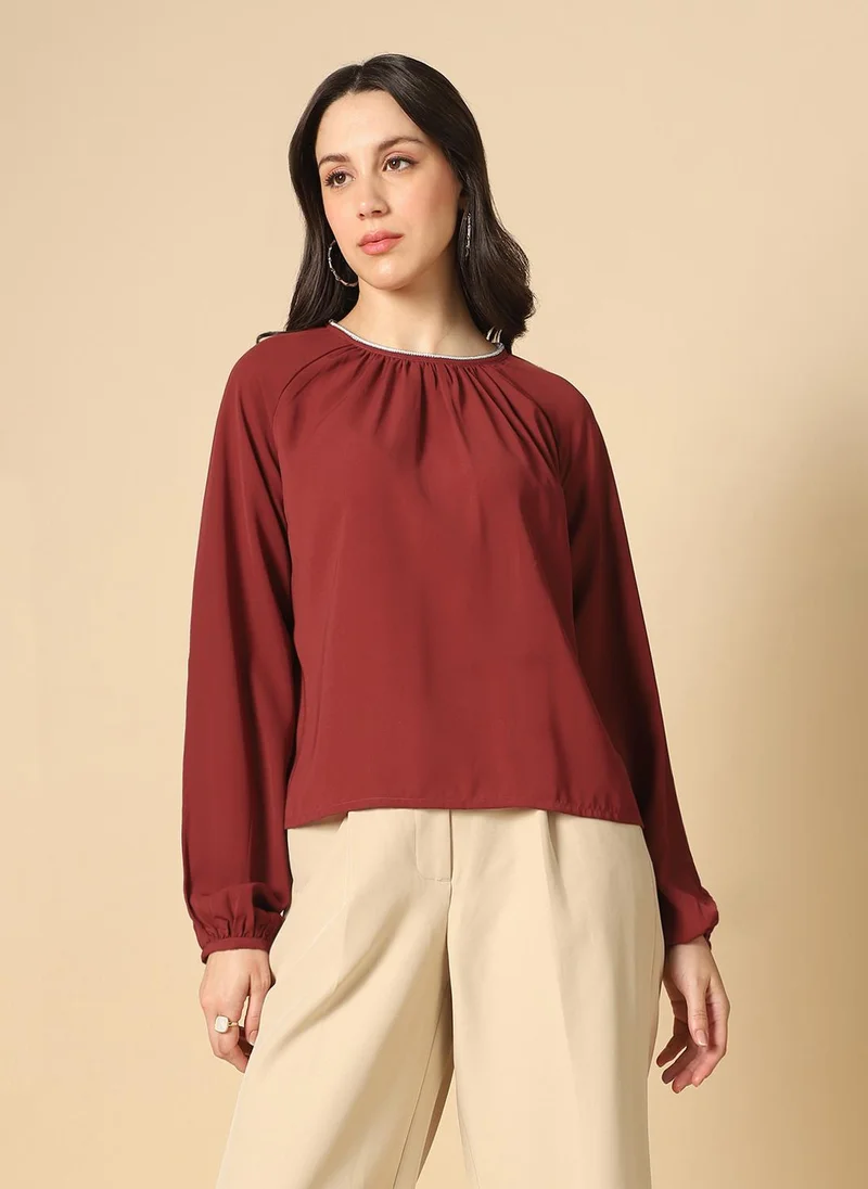 globus Globus Women Pink Embellished Jewel Neck Raglan Sleeves Pleated Georgette Party Top