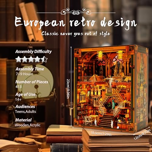 VORATHIS Book Nook Kits for Adults  The World Library Booknook  3D Wooden Puzzle with LED Lights  Creative Bookshelf Insert  Educational Gift for Book Lovers  DIY Enthusiasts - Image 5
