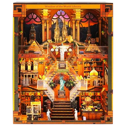 VORATHIS Book Nook Kits for Adults  The World Library Booknook  3D Wooden Puzzle with LED Lights  Creative Bookshelf Insert  Educational Gift for Book Lovers  DIY Enthusiasts - Image 1