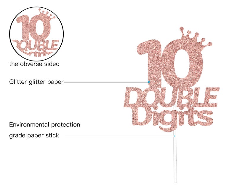 Festiko®Rose Gold Glitter Double Digits 10th Birthday Cake Topper Cheer to 10th Years - 10 and Fabulous Cake Topper - Image 2