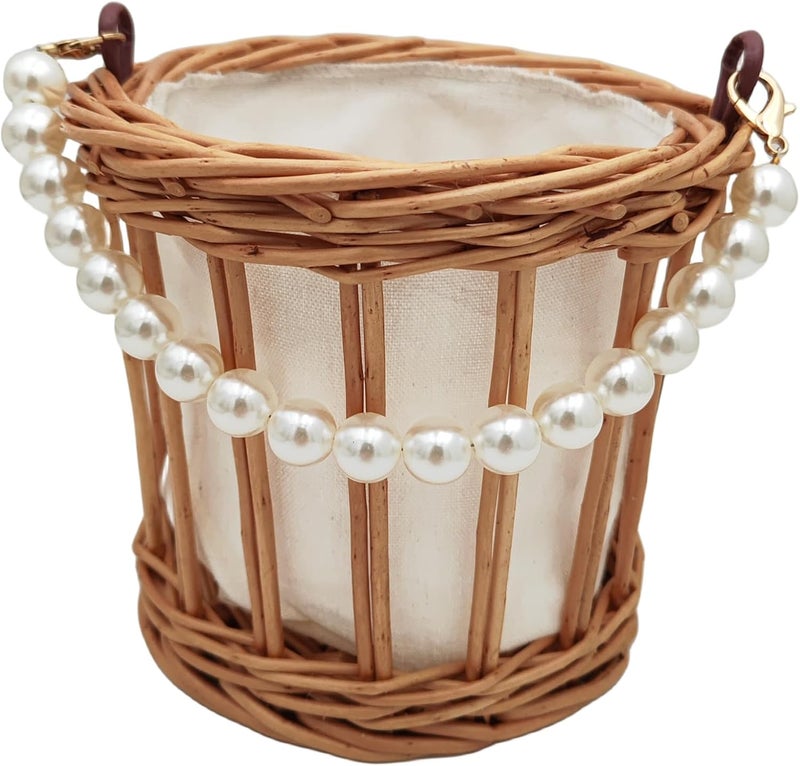 Yuudar Rustic Wicker Rattan Wedding Flower Girl Baskets,Woven Rattan Storage Basket with Pearl Handles,Woven Eggs Candy Basket for Wedding Home Garden Decor (E) - Image 1