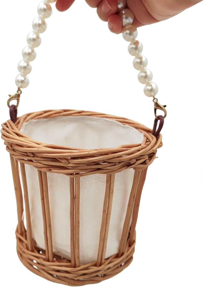 Yuudar Rustic Wicker Rattan Wedding Flower Girl Baskets,Woven Rattan Storage Basket with Pearl Handles,Woven Eggs Candy Basket for Wedding Home Garden Decor (E) - Image 3