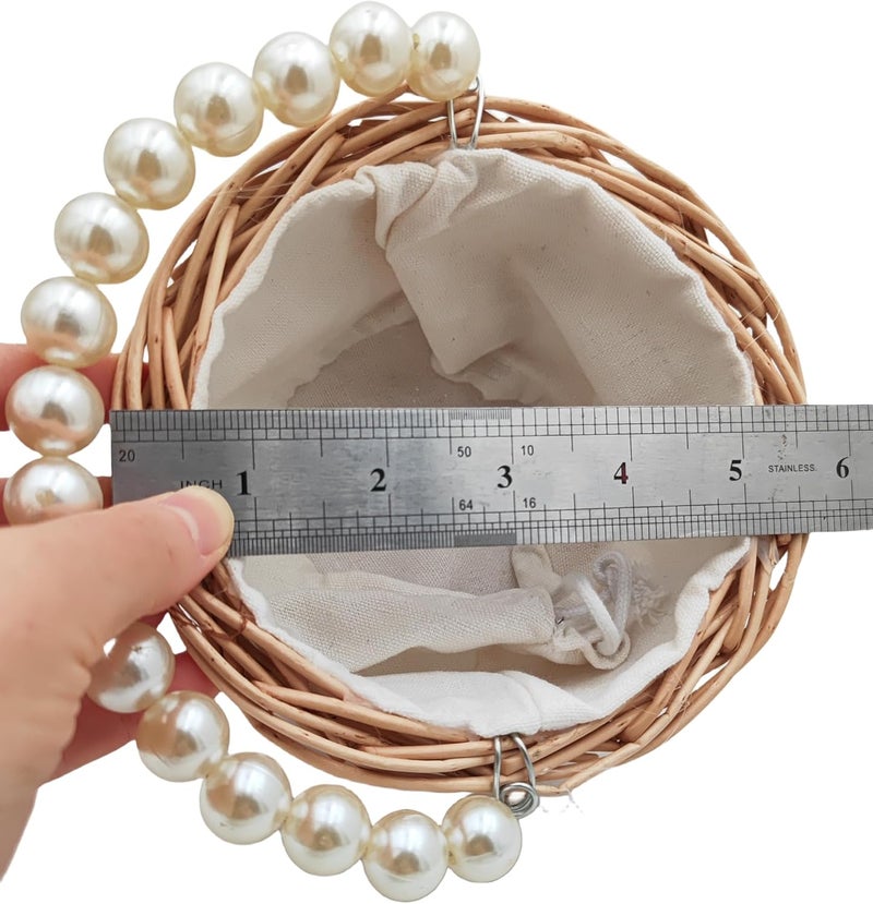 Yuudar Rustic Wicker Rattan Wedding Flower Girl Baskets,Woven Rattan Storage Basket with Pearl Handles,Woven Eggs Candy Basket for Wedding Home Garden Decor (E) - Image 2