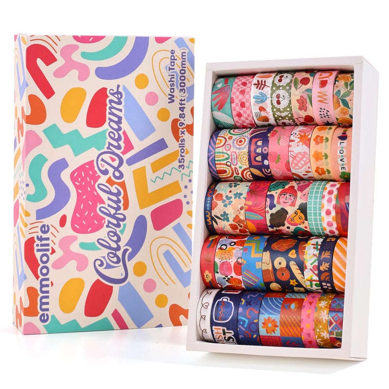 emmoolife Washi Tape 35 Rolls Set, Colorful Cute Floral Writable Decorative Tape, Scrapbooking and Bullet Journal, Junk Journal Supplies, DIY Planner Art, Width 5-30mm, Length 10ft/Roll - Image 1