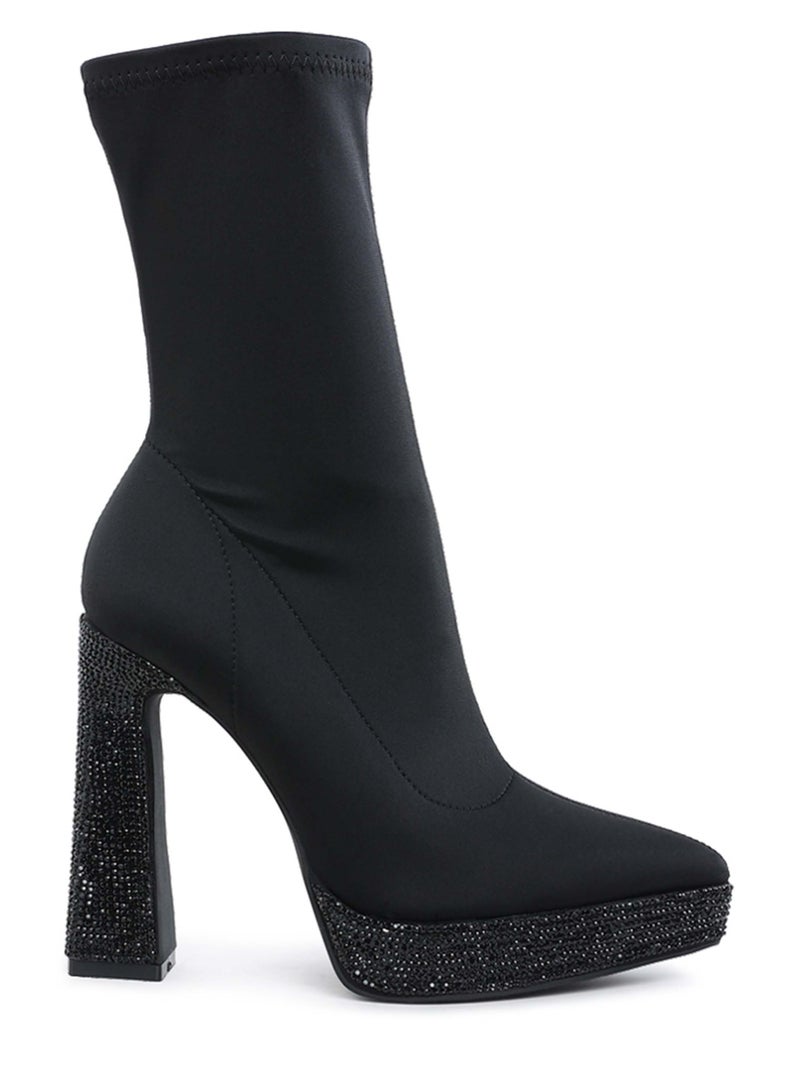 London Rag Lycra Rhinestone Detail Ankle Boots in Black  - Image 1