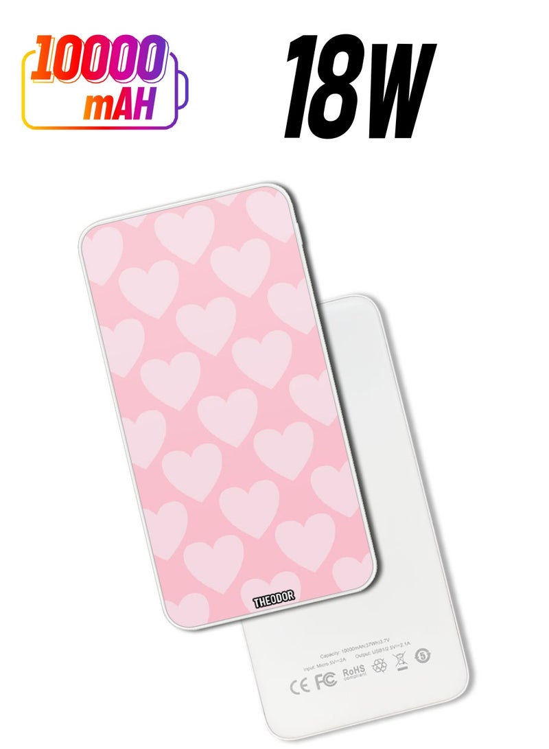 Theodor 10,000 mAh Super Fast Charging Ultra Compact Power Bank with Quick Charge & Power Delivery, Portable Charger For iPhone and Android Pink Hearts - Image 1