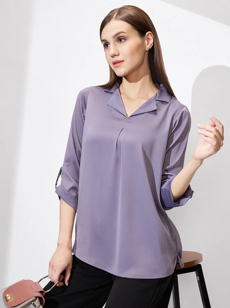globus Women Cuban Collar Roll Up Sleeves Solid Satin Shirt Style Workwear Top