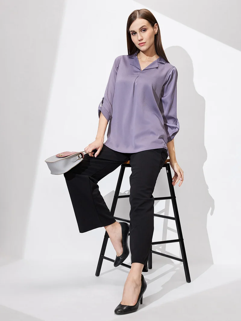 globus Women Cuban Collar Roll Up Sleeves Solid Satin Shirt Style Workwear Top