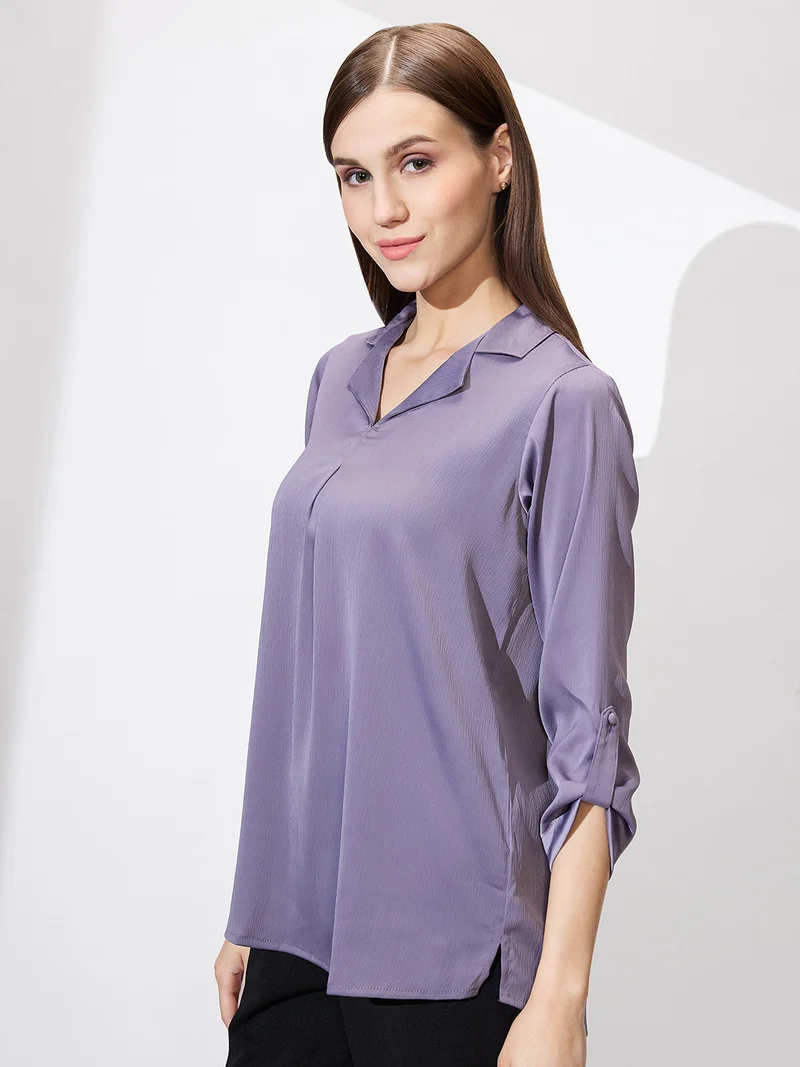 globus Women Cuban Collar Roll Up Sleeves Solid Satin Shirt Style Workwear Top