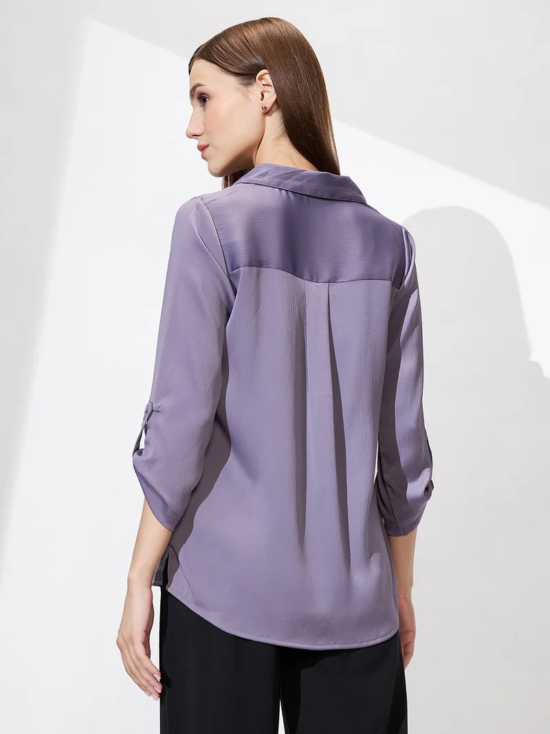 globus Women Cuban Collar Roll Up Sleeves Solid Satin Shirt Style Workwear Top