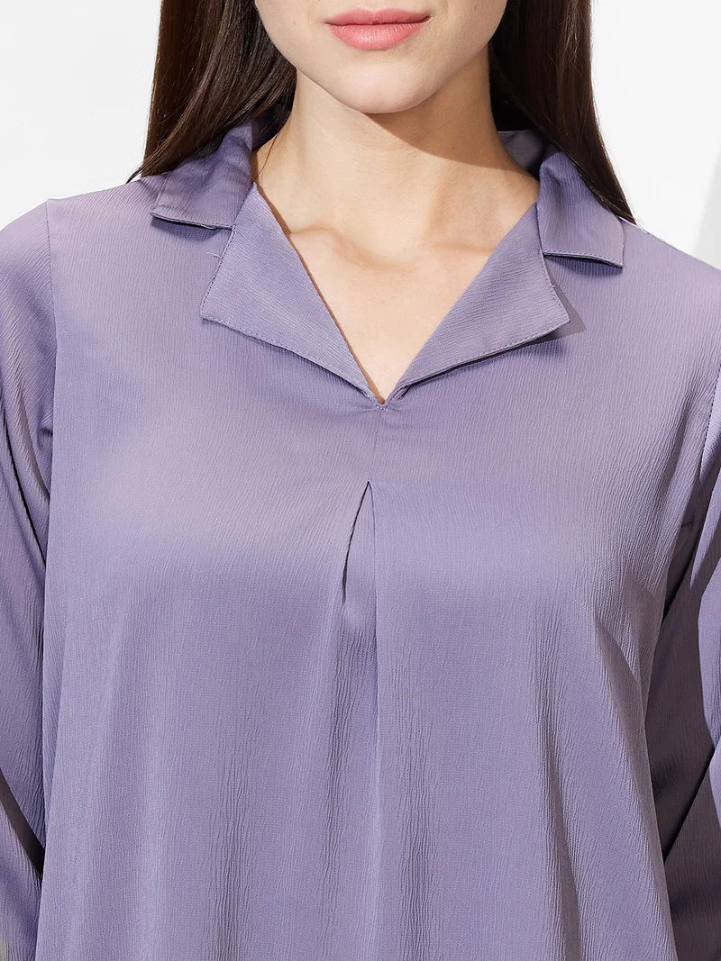 globus Women Cuban Collar Roll Up Sleeves Solid Satin Shirt Style Workwear Top
