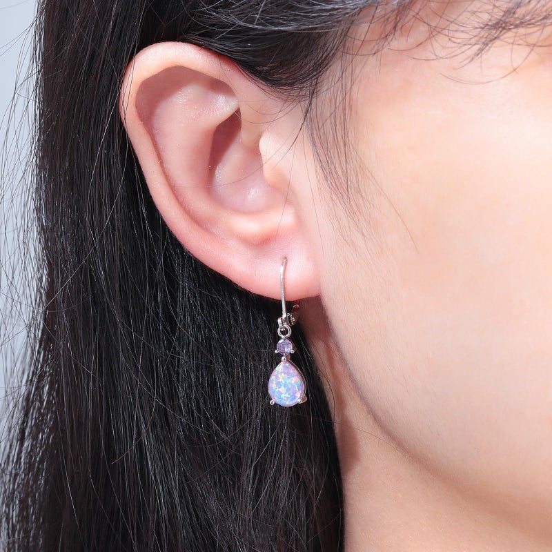 CiNily Womens Opal Dangle Earrings for Her Leverback Drop Earrings 14K White Gold Plated Purple Cubic Zircon Teardrop Gemstone Earrings Jewelry for Sensitive Ears - Image 2