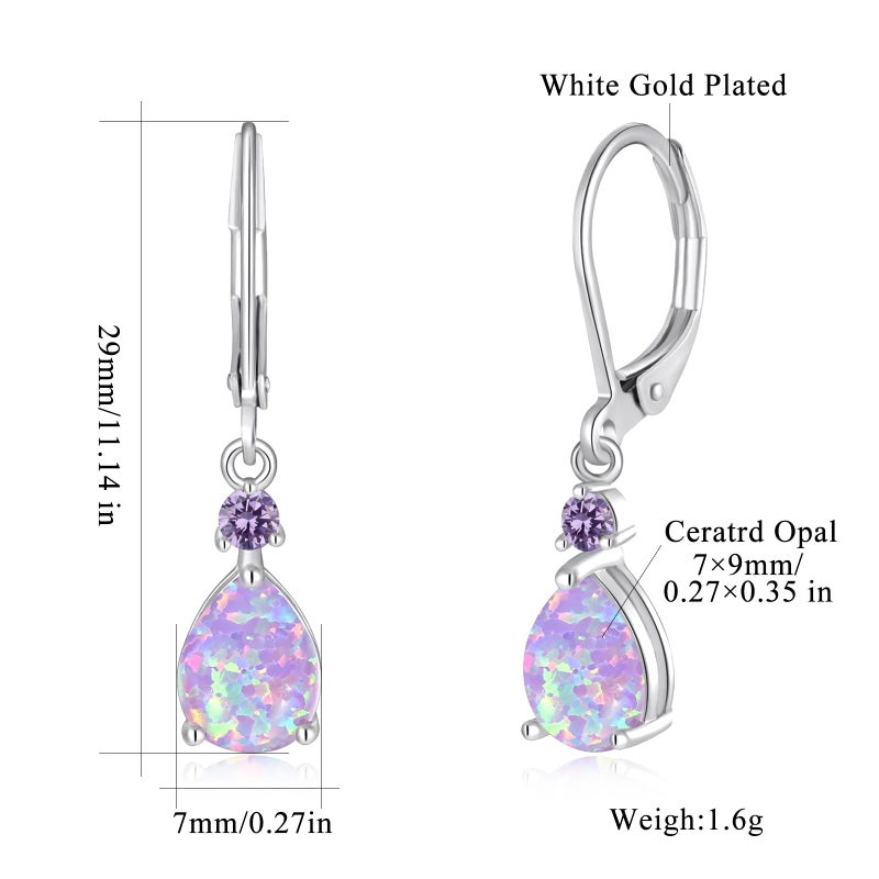 CiNily Womens Opal Dangle Earrings for Her Leverback Drop Earrings 14K White Gold Plated Purple Cubic Zircon Teardrop Gemstone Earrings Jewelry for Sensitive Ears - Image 3