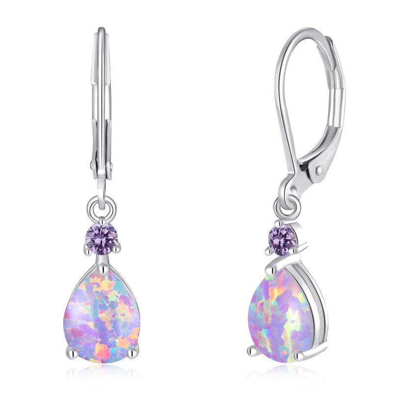 CiNily Womens Opal Dangle Earrings for Her Leverback Drop Earrings 14K White Gold Plated Purple Cubic Zircon Teardrop Gemstone Earrings Jewelry for Sensitive Ears - Image 1