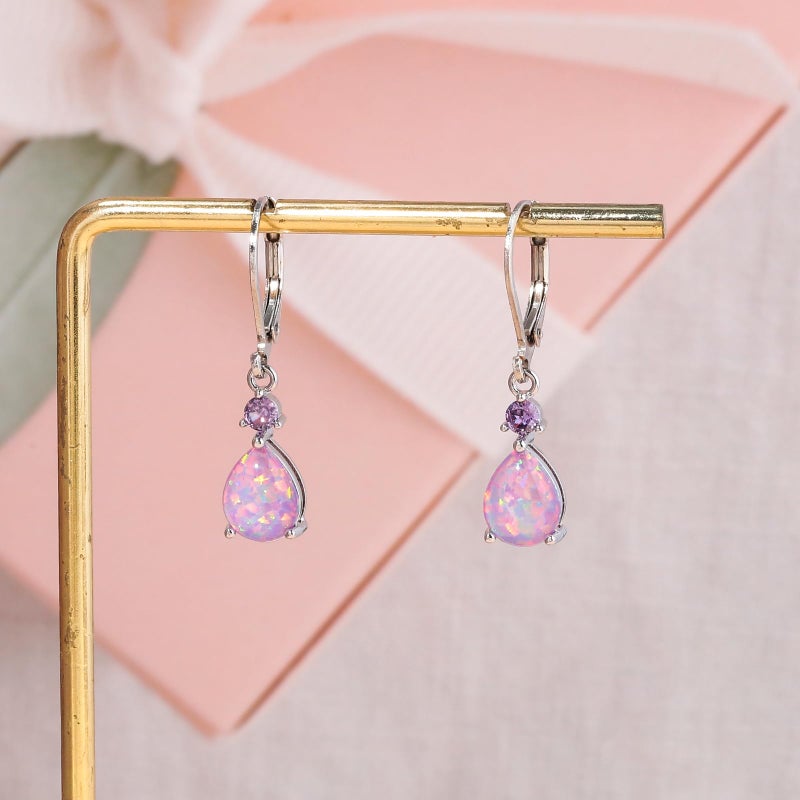 CiNily Womens Opal Dangle Earrings for Her Leverback Drop Earrings 14K White Gold Plated Purple Cubic Zircon Teardrop Gemstone Earrings Jewelry for Sensitive Ears - Image 4