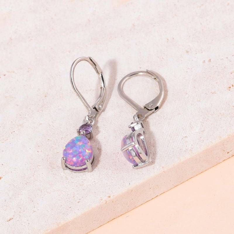 CiNily Womens Opal Dangle Earrings for Her Leverback Drop Earrings 14K White Gold Plated Purple Cubic Zircon Teardrop Gemstone Earrings Jewelry for Sensitive Ears - Image 5