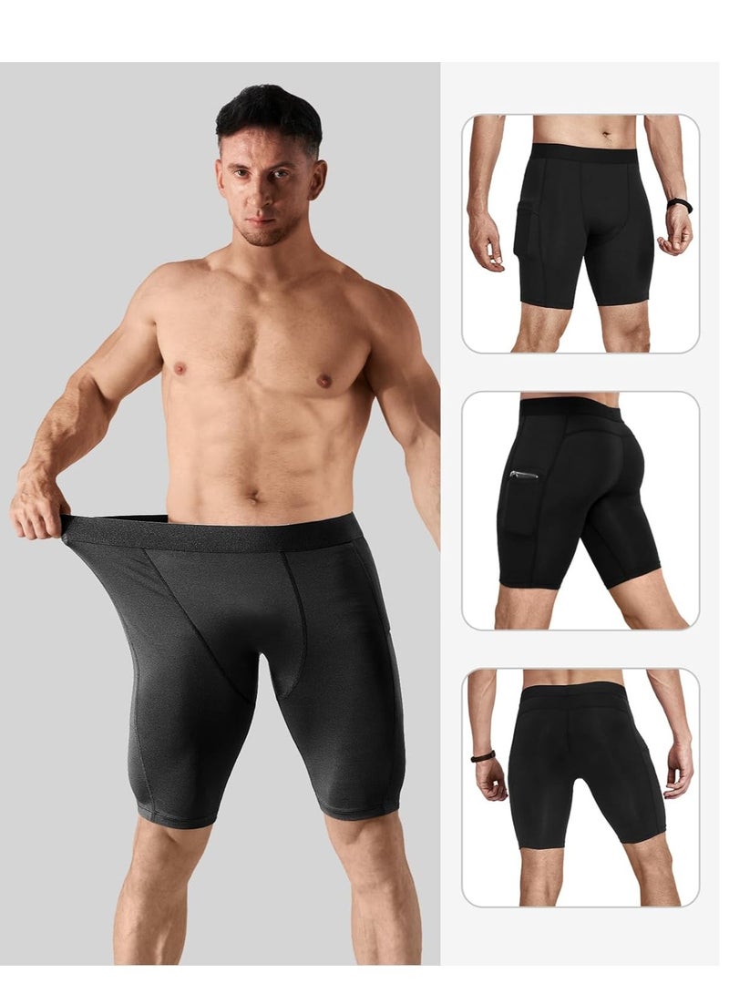 Barakah 5 Pack Compression Shorts Men with Pocket, Spandex Running Shorts, Tights Performance Underwear, Athletic Workout Sport Performance Baselayer Underwear, Two Long and Three Short, White and Black, XL - Image 2