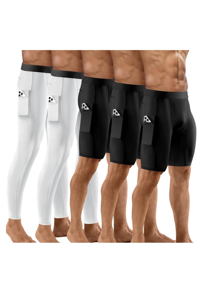 Barakah 5 Pack Compression Shorts Men with Pocket, Spandex Running Shorts, Tights Performance Underwear, Athletic Workout Sport Performance Baselayer Underwear, Two Long and Three Short, White and Black, XL - Image 1