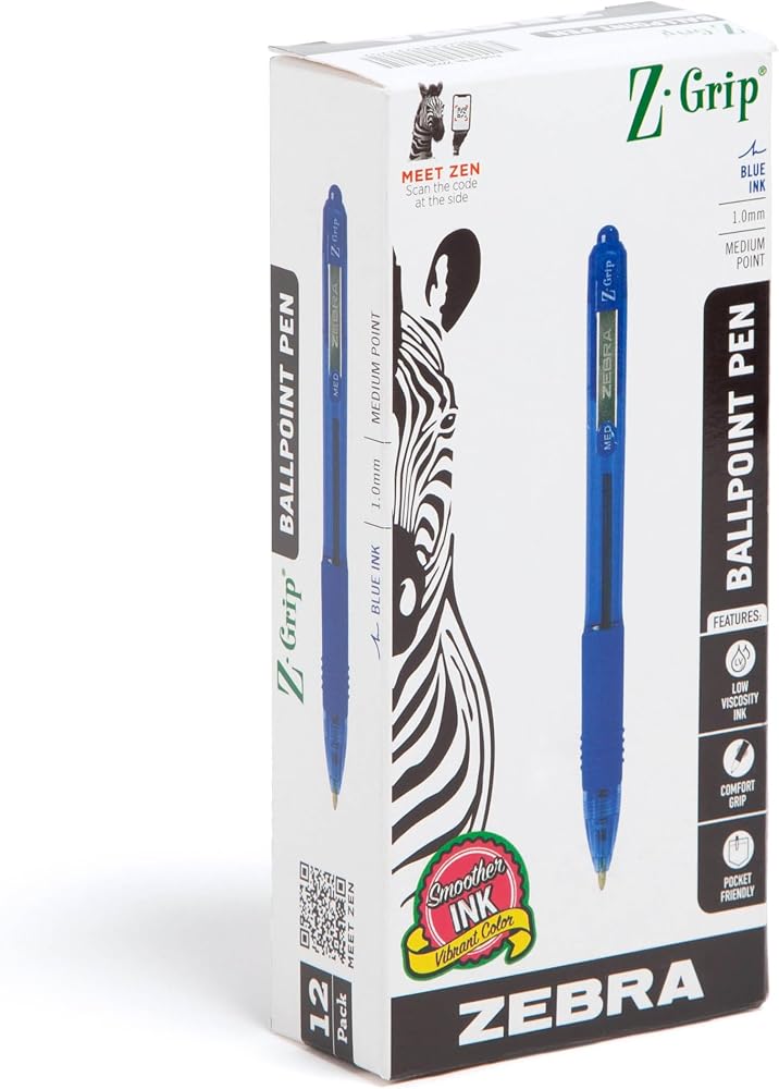 Zebra Pen Z-Grip Retractable Ballpoint Pen, Medium Point, 1.0mm, Blue Ink, 12-Count (22220) - Image 1