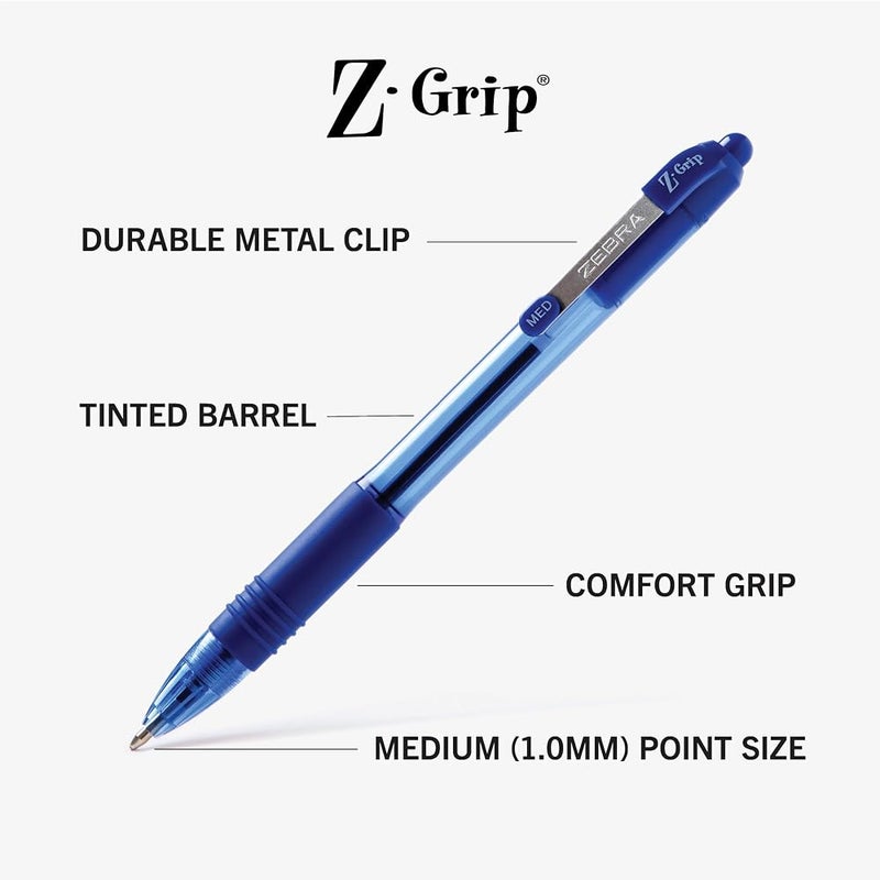 Zebra Pen Z-Grip Retractable Ballpoint Pen, Medium Point, 1.0mm, Blue Ink, 12-Count (22220) - Image 2