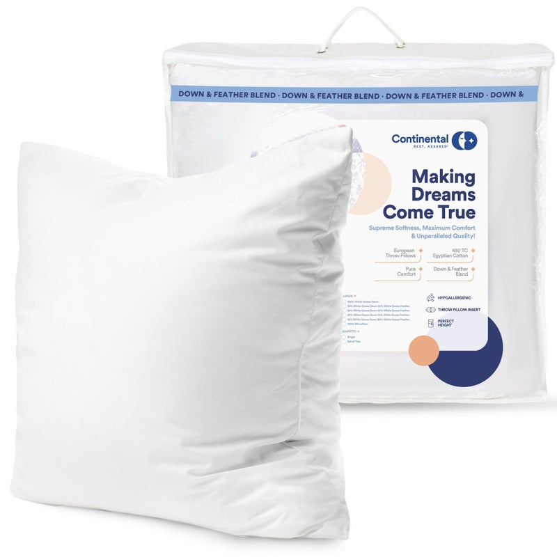 Continental Bedding Throw Pillow Inserts 20x20 25 White Goose Down 75 Feather Fill Soft Decorative Euro Pillows for Couch Bed Sofa Living Room Luxurious Comfort Support