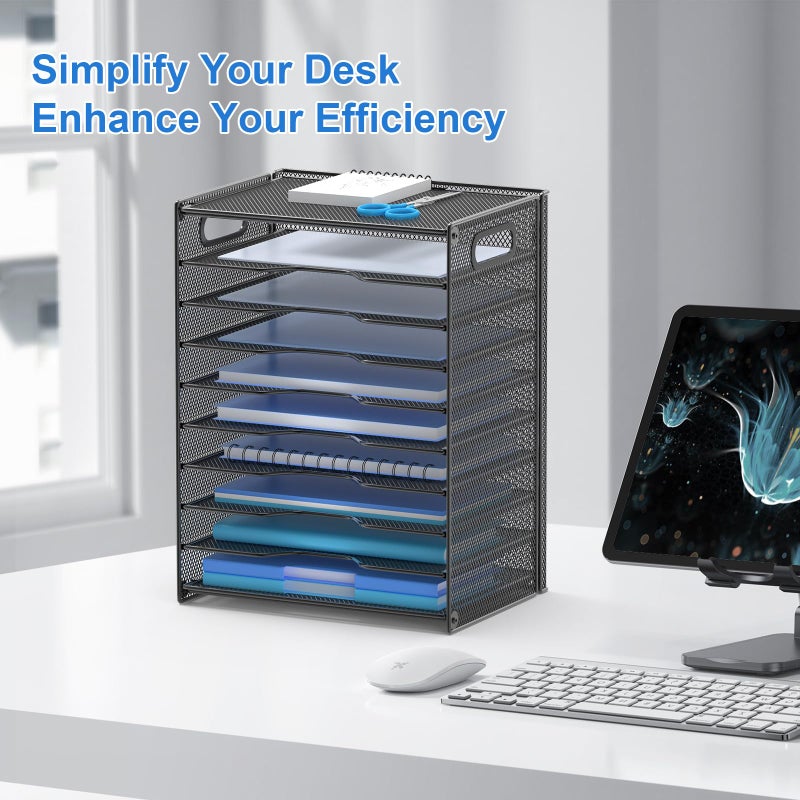 OUTWOLF 10 Tier Paper Organizer - Letter Tray Mesh Desk File Organizer with Handles for Office School Desktop, Black 2 Pack - Image 2