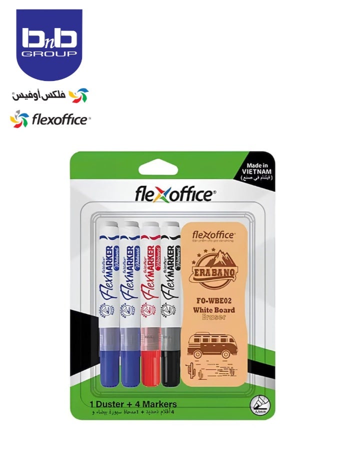 FLEXOFFICE Whiteboard Marker Set: Assorted (4 whiteboard markers and 1 whiteboard eraser) Chisel Tip - Image 1
