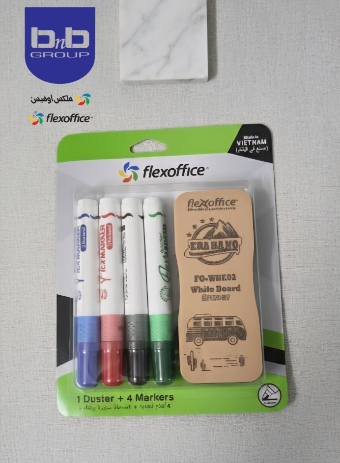 FLEXOFFICE Whiteboard Marker Set: Assorted (4 whiteboard markers and 1 whiteboard eraser) Chisel Tip - Image 3