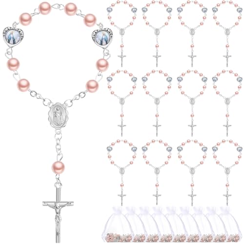Misdary 30 Sets Baptism Mini Rosary with Organza Bags Faux Pearls Baptism Rosary Favors for Guests Catholic Finger for Christening Weddings Party Favors First Communion GiftPink - Image 1