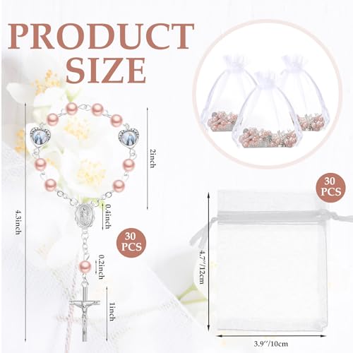 Misdary 30 Sets Baptism Mini Rosary with Organza Bags Faux Pearls Baptism Rosary Favors for Guests Catholic Finger for Christening Weddings Party Favors First Communion GiftPink - Image 3
