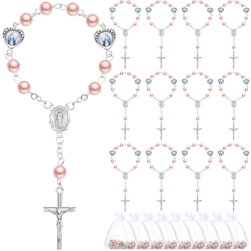 Misdary 30 Sets Baptism Mini Rosary with Organza Bags Faux Pearls Baptism Rosary Favors for Guests Catholic Finger for Christening Weddings Party Favors First Communion GiftPink - Image 2