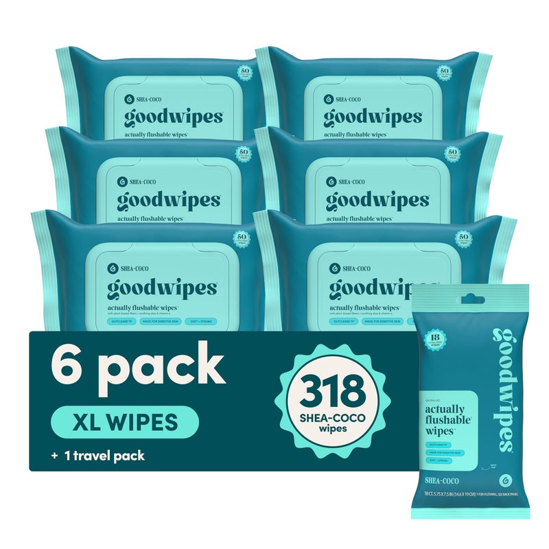 goodwipes Flushable Butt Wipes - Vitamin E & Aloe - Sewer & Septic Safe - Extra Large Adult Wet Wipes For Women & Men - Bathroom Essentials - Shea-Coco, 318 Count (6 Packs + 1 Travel) - Image 1