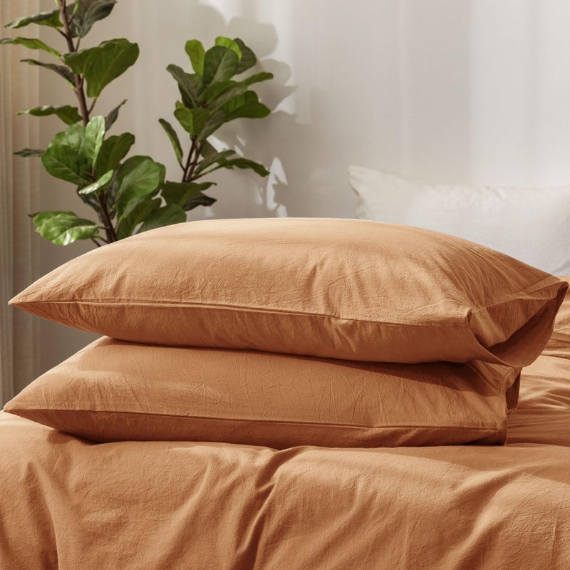 MooMee Bedding Pillowcases Pack of 2 100% Washed Cotton Linen Like Textured Breathable Durable Soft Comfy (Dark Orange  Standard) - Image 1