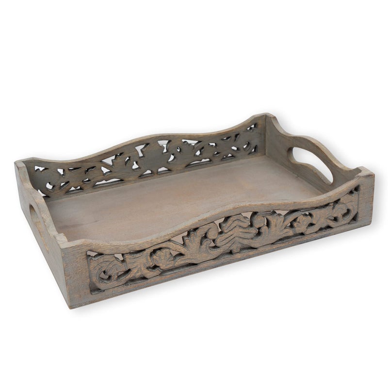 GoCraft Handmade Wooden Tray with Handles  Grey Washed Wood Serving Tray for Breakfast in Bed Coffee Tea Snacks  Lattice Design Ottoman Tray with Cutout Handles 15 x 10 x 3 Rustic  Stylish