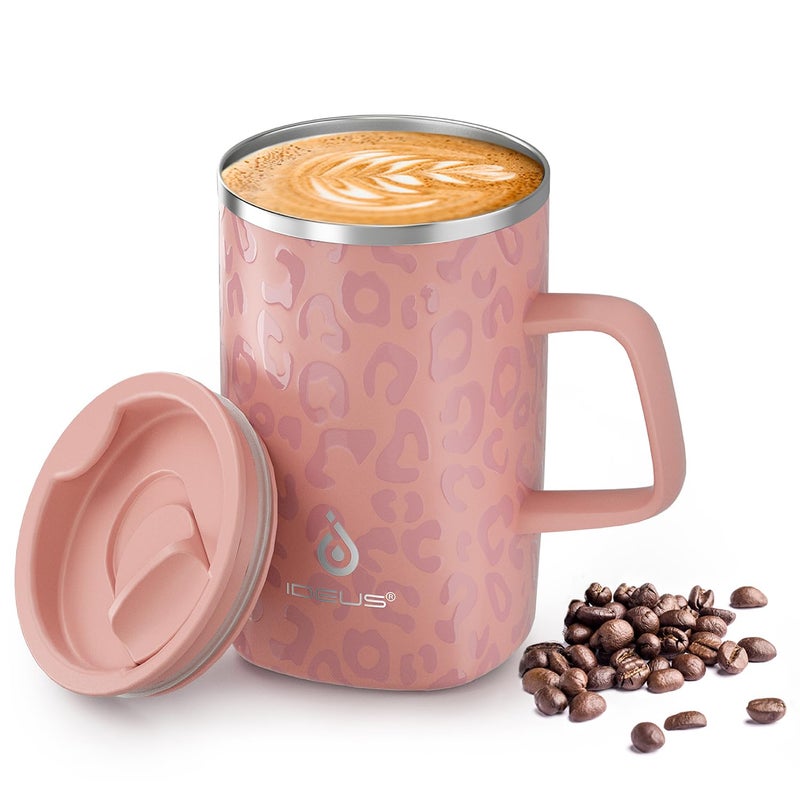 Ideus Vacuum Insulated Coffee Mug 16oz Reusable Stainless Steel Thermal Double Walled cup with Handle and Slider Lid for Hot Cold Beverages BPA Free Leapord Pink - Image 2
