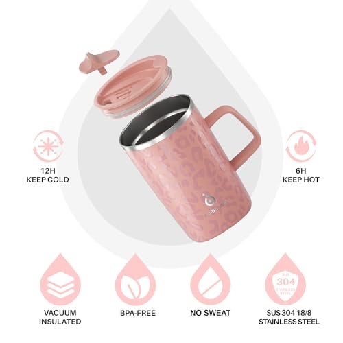 Ideus Vacuum Insulated Coffee Mug 16oz Reusable Stainless Steel Thermal Double Walled cup with Handle and Slider Lid for Hot Cold Beverages BPA Free Leapord Pink - Image 3